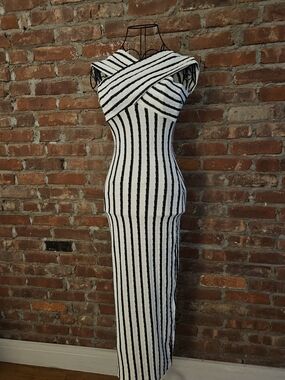 Lulu's Black and White Stretchy Striped Midi Cross-Front Dress